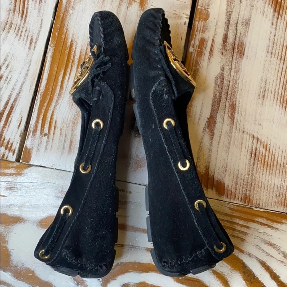 Tory Burch Black Gold Logo Suede Leather Loafer Shoes Size 6.5